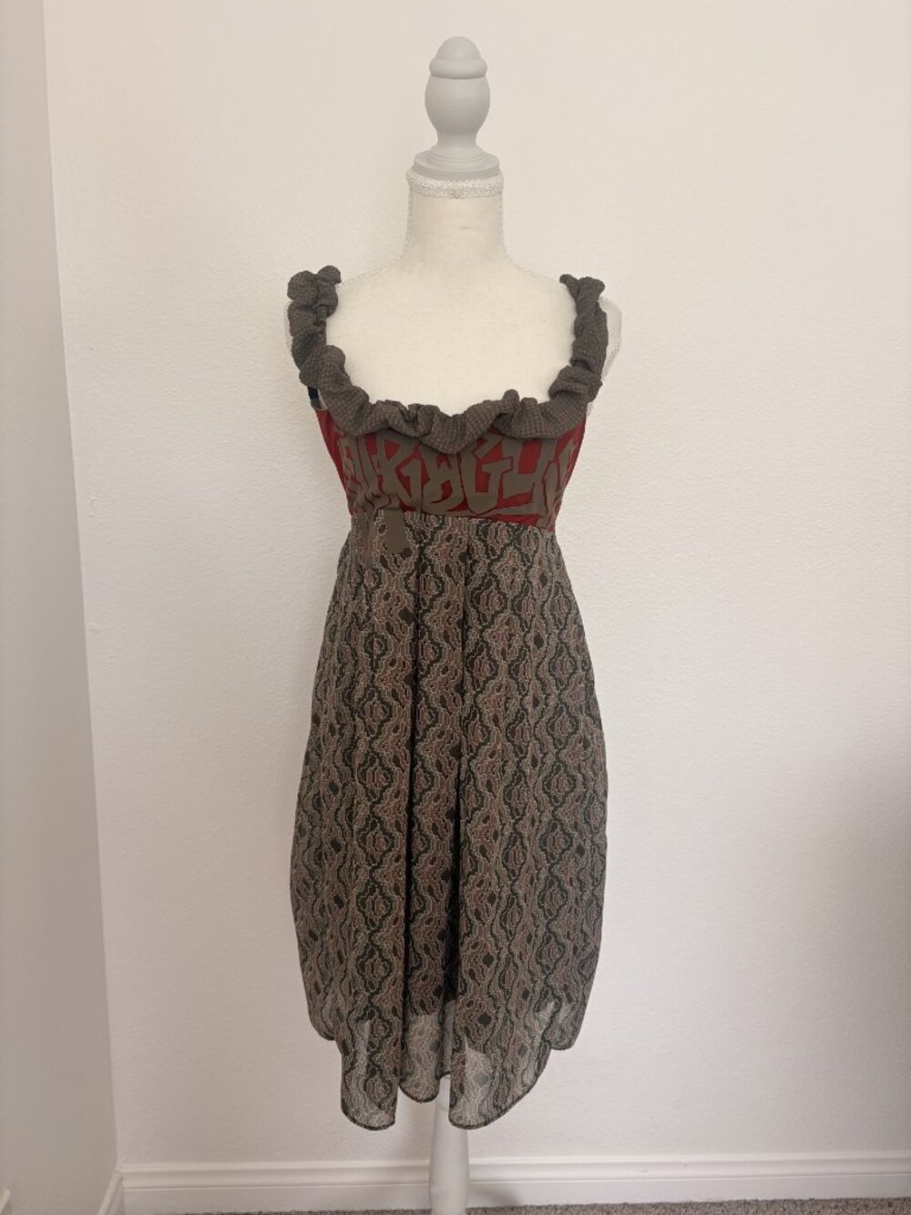 Cop.Copine Graphic Print Flowy Ruffle Neck Dress | S–M